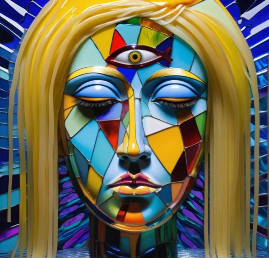 A colorful stained-glass style artwork of a human face with closed eyes and long yellow hair. The face is made of geometric shards in blue, red, yellow, and green tones. A third eye, with a bright iris, is set in the forehead. The background radiates blue and purple streaks, enhancing the spiritual and surreal atmosphere.