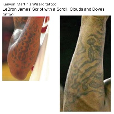 Two close-up images of a person’s arm tattoos. Left: The tattoo covers the outer forearm and elbow area, featuring dark, dense patterns that are hard to distinguish. Right: A similar arm tattoo showing more defined shapes, including what appears to be a small figure and other abstract or organic patterns along the forearm.