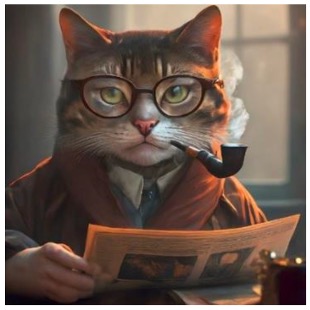 A digitally created anthropomorphic tabby cat wearing round glasses, a scarf, and a coat, smoking a pipe. The cat is seated indoors, holding a newspaper, with soft light streaming through a window in the background.