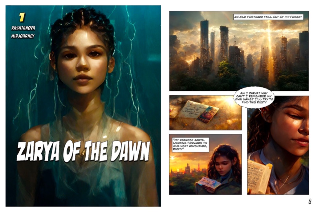 A digital comic book cover and first page titled Zarya of the Dawn. The cover shows a young woman with braided hair and glowing blue streaks against a dark, misty background. Inside, panels depict a post-apocalyptic cityscape with tall, crumbling skyscrapers, a close-up of a postcard, and the woman reading it. Captions narrate her thoughts about remembering her own name and finding “Rusty.”