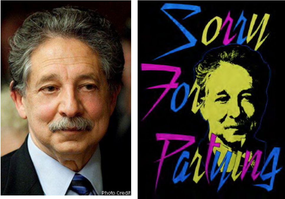The image shows two side-by-side pictures of the same man. On the left, a neon-colored poster with the words “Sorry For Partying” features his face in bright yellow, outlined against a black background. On the right, there is a realistic color photo of the man with gray hair and a mustache, wearing a dark suit and light blue shirt, looking slightly to the side.
