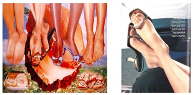 Two side-by-side images focus on women’s feet. On the left, a colorful artwork shows several pairs of feet, some in high-heeled sandals and some bare, suspended above desserts and a rocky landscape. On the right, a fashion photograph features crossed legs wearing shiny black high-heeled sandals with jeweled straps, positioned in a car interior.