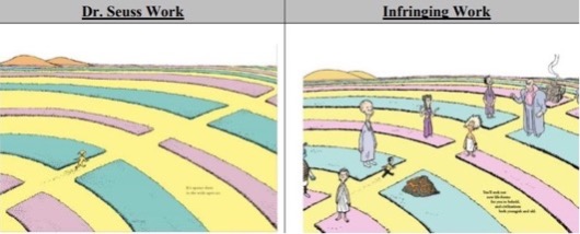 Two illustrated book pages shown side by side. On the left, Dr. Seuss’s original artwork depicts a small figure walking alone through colorful, winding pastel paths of yellow, pink, and blue with hills in the distance. On the right, the parody version keeps the same background but adds multiple adult characters, including ones in robes and suits, along with objects like a smoking pipe and a pile of brown matter on the path, altering the scene’s tone.