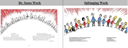 Two illustrated book pages are compared. On the left, Dr. Seuss’s original artwork shows a long line of identical Whos from How the Grinch Stole Christmas, holding hands in a circle against a background of red strokes. On the right, the Whos have been replaced with Star Trek characters, including Captain Kirk, Spock, and others in colorful uniforms, holding hands in a similar arc formation under the same red-streaked background. The characters are larger on the right.