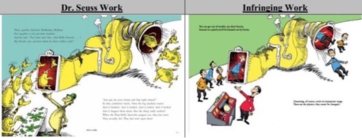 Two illustrated book pages compared. On the left, a Dr. Seuss-style scene shows yellow, furry creatures being funneled through a large whimsical machine, some entering and others exiting as part of a chaotic process. On the right, the same machine structure is depicted, but the figures are different: human characters in colorful outfits are shown interacting with the machine, one pointing to a control panel and others being processed through its openings.