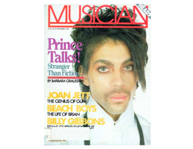 A magazine cover of Musician featuring a close-up portrait of Prince with styled hair, a faint mustache, and wearing a white shirt with black suspenders.