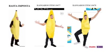 Three men wearing banana costumes. Each costume is a large, bright yellow banana suit with a hole for the wearer’s face near the top. The men wear black clothing underneath and strike playful poses with arms raised or outstretched.